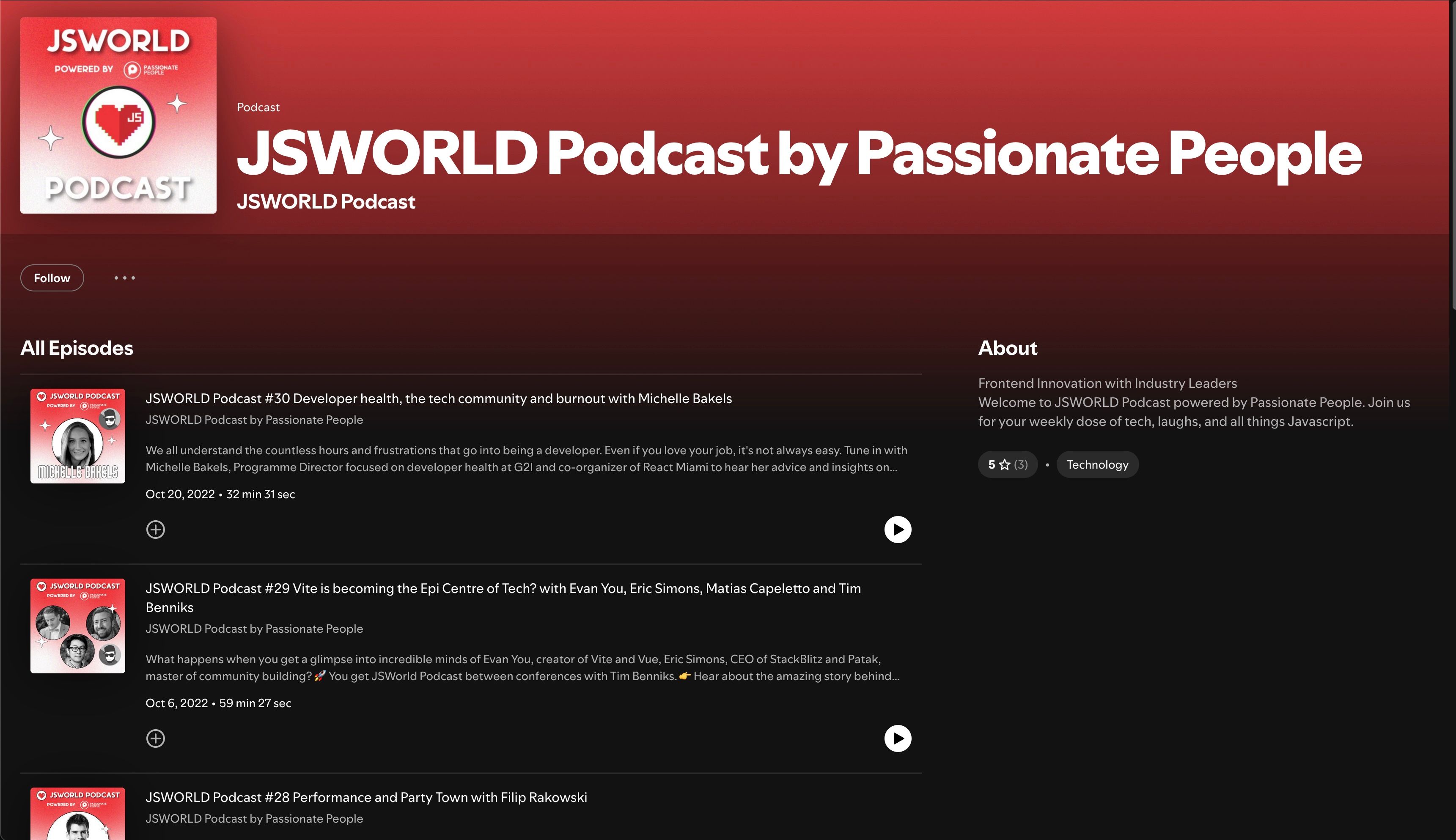 Screenshot of the Spotify page for the JSWORLD Podcast